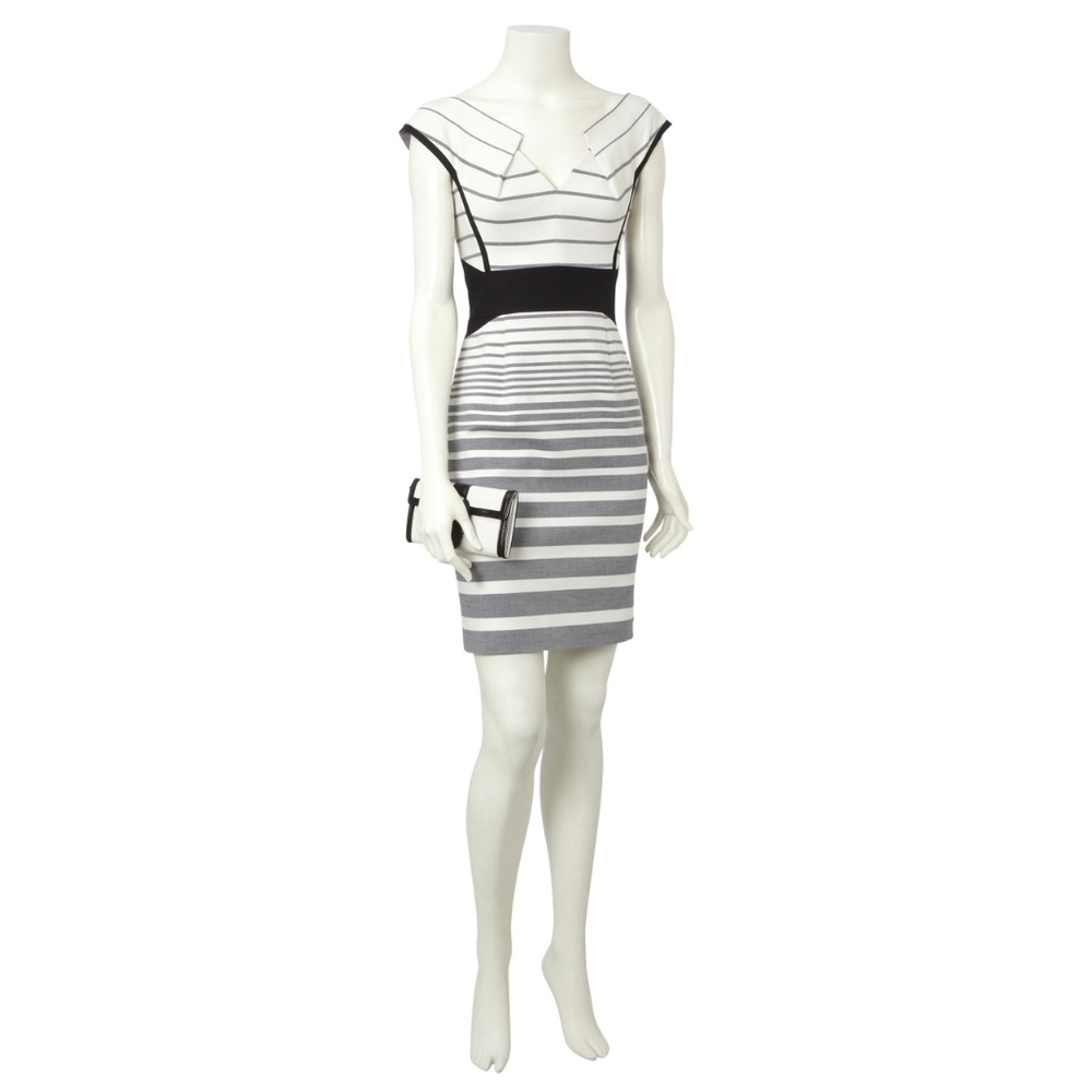 karen millen • folded neck blue white gray stripe structural pencil sheath dress